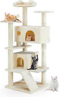 54 Inch Cat Tree Tower with Sisal Scratching Posts, Multi-Level – Essentials for Cats - Cream / 54"×19.7"×19.7"