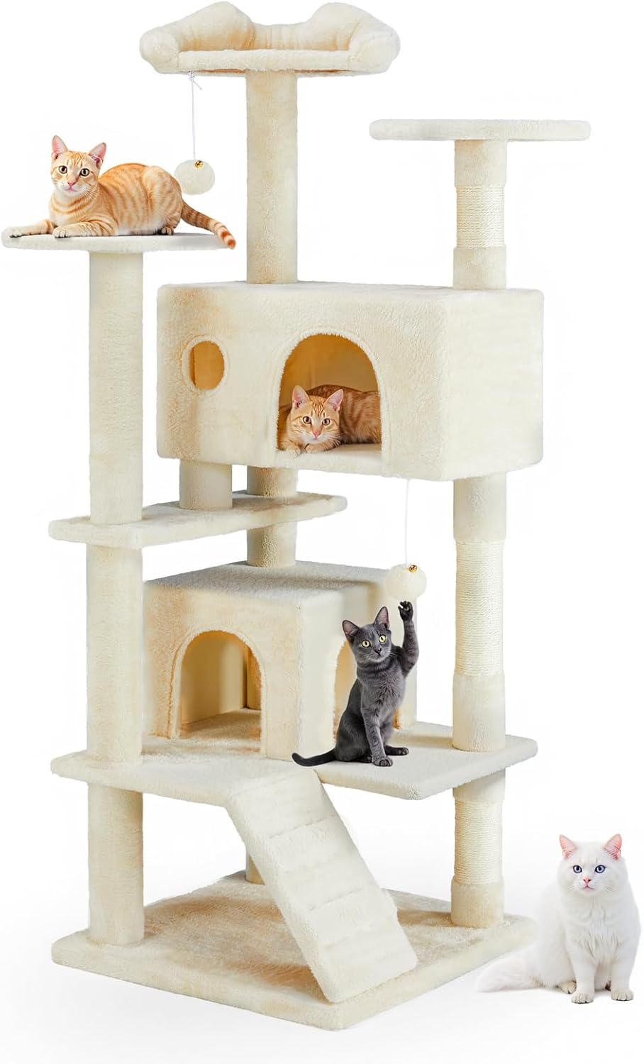 54 Inch Cat Tree Tower with Sisal Scratching Posts, Multi-Level – Essentials for Cats - Cream / 54"×19.7"×19.7"