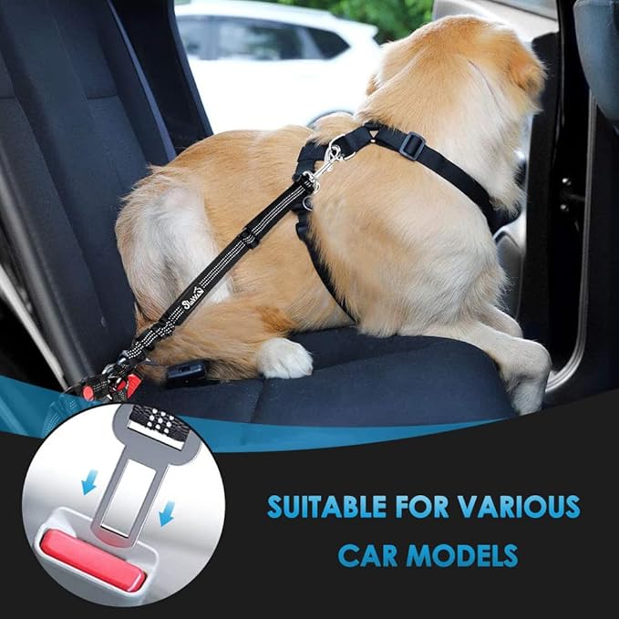 SlowTon Dog Seat Belt for Car, 2 Pack Dog Car Harness Seatbelt Adjustable with Elastic Bungee Buffer, 2 in 1 Pet Car Leash Headrest Restraint Dog Reflective Safety Tether (Black, Headrest+Clip)