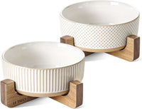 Ceramic Dog and Cat Bowl Set with Acacia Wood Stand - L-5 Cups / Lines+Dot