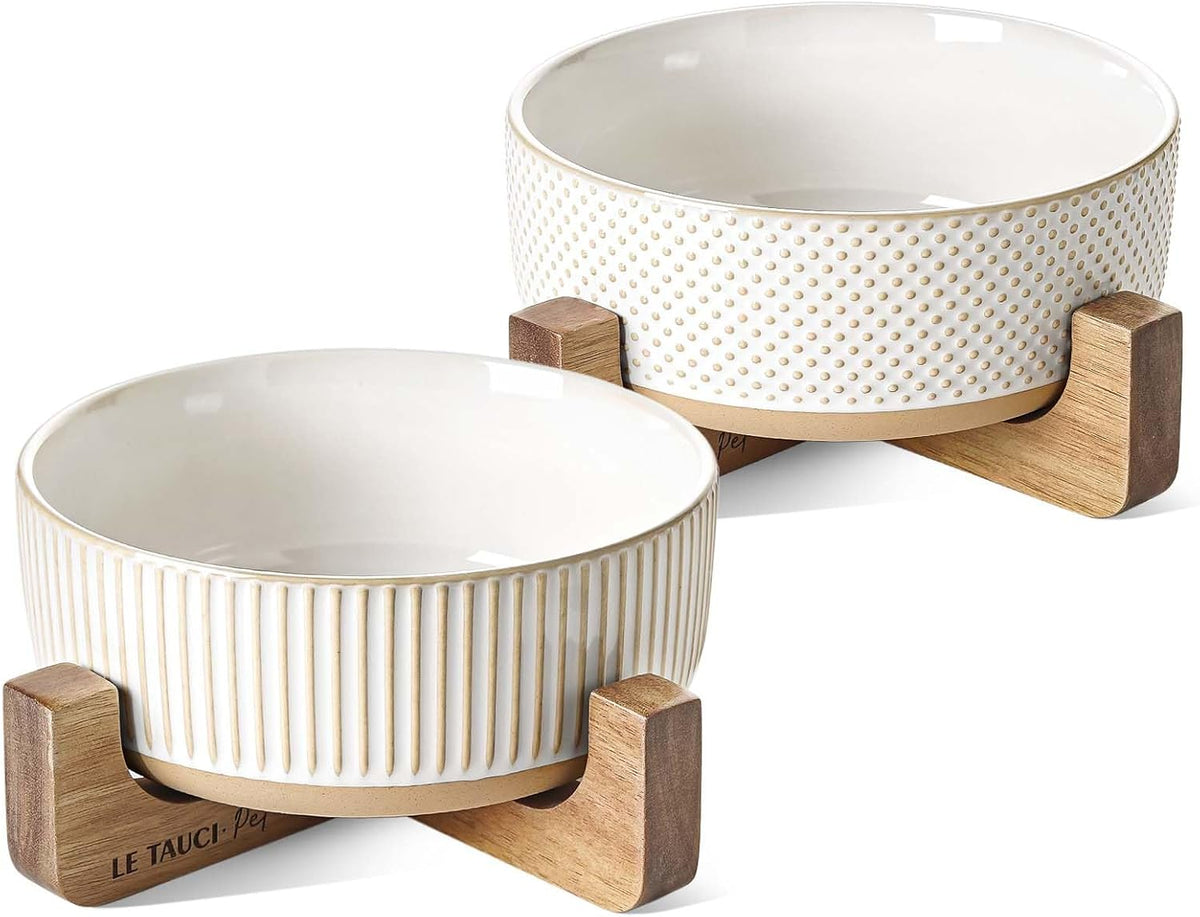 Ceramic Dog and Cat Bowl Set with Acacia Wood Stand - L-5 Cups / Lines+Dot