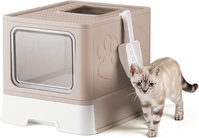 Enclosed Cat Litter Box, Large Litter Box for Big Cats, Covered Kitty Litter Boxes with Lid, Top Entry Cat Box Enclosure with Scoop, Odor Control, Easy to Clean(Coffee)