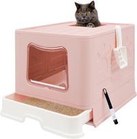 XL Foldable Cat Litter Box with Lid, Jumbo Enclosed Potty - Pink / X-Large