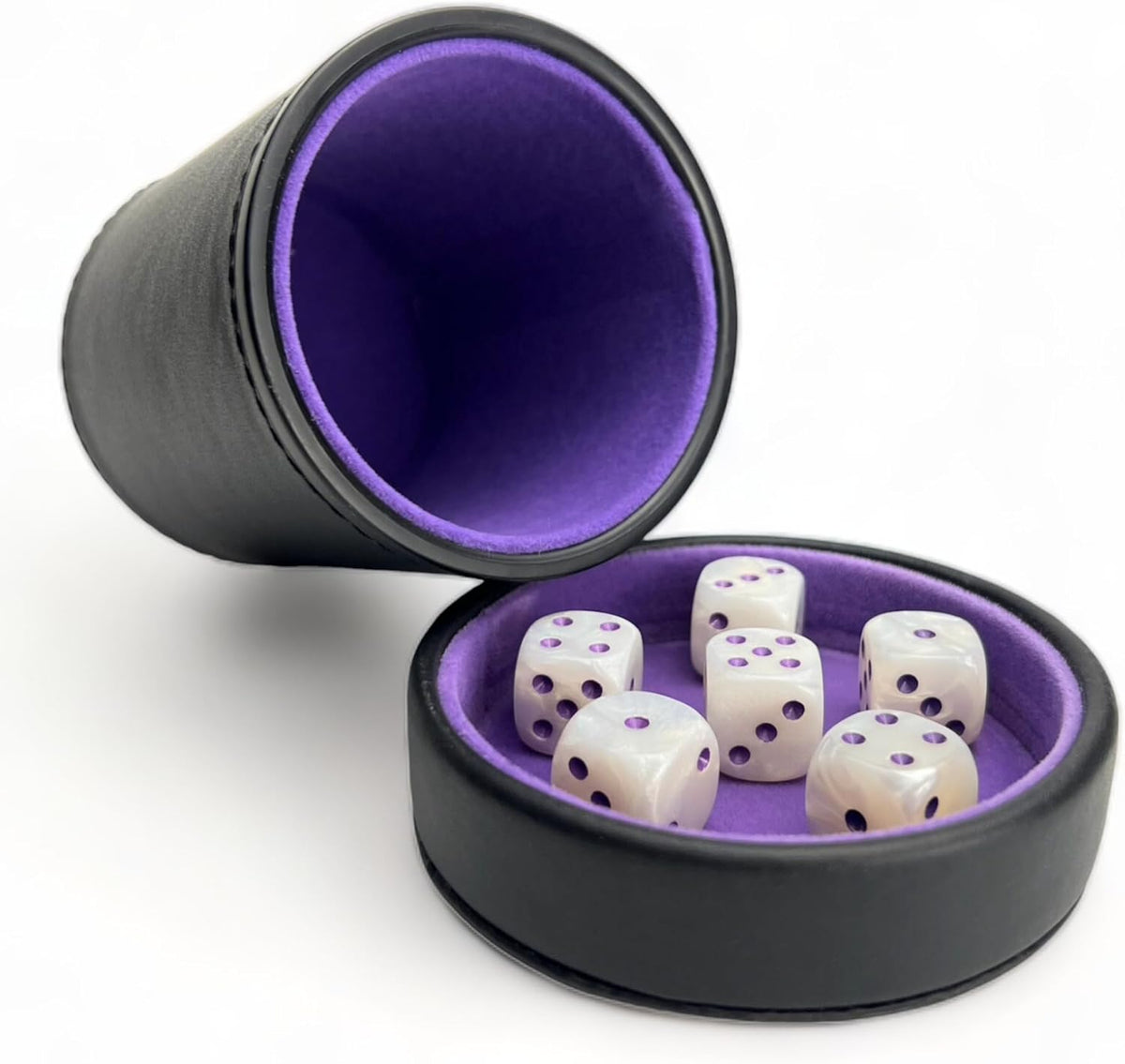Luck Lab Black Leather Dice Cup w/Lid & 6 Pearl/Purple Dice