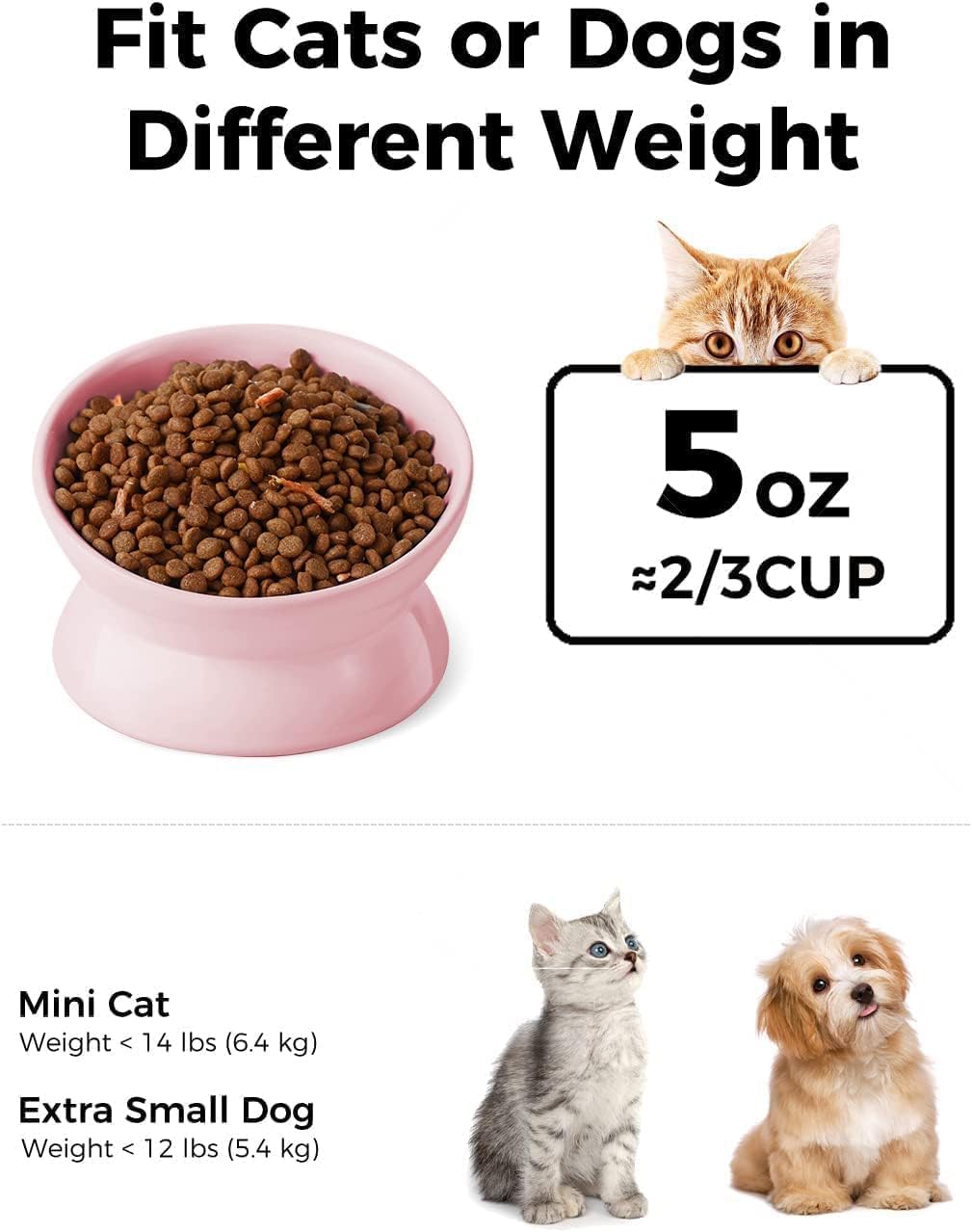 Elevated Cat Food Bowl, 5 Oz Ceramic Raised and Tilted Water Bowl, Anti Vomiting and Protect Pets' - Pink / 5 OZ - 2 Pack - image 2