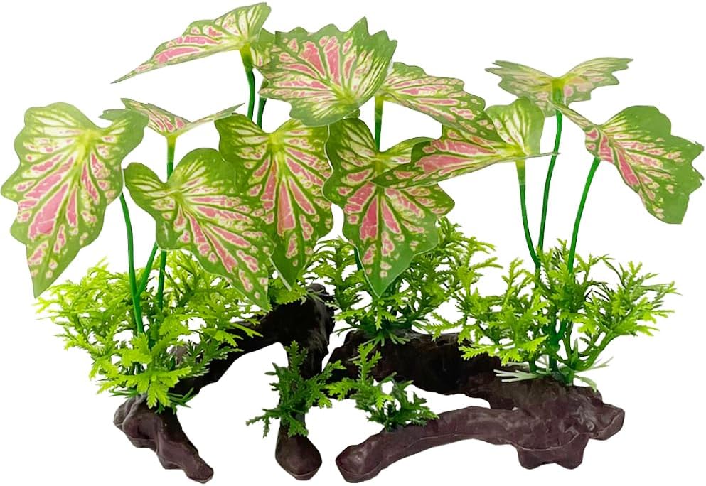 Aquarium Plant Fish Tank Decoration Small Plastic Artificial Plant - Rainforest Leafs-pink-small-set