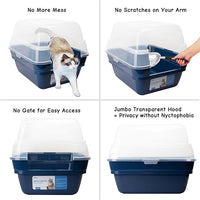Petfamily Cat Litter Box, Large Foldable Jumbo Hooded Cat Litter Box with Transparent Lid (Navy Blue)
