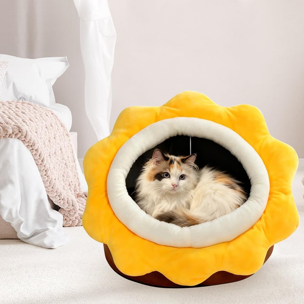 Cat Beds for Indoor Cats-Rabbit-Shaped Cat Cave Bed with Hanging Toy - Sunflower Brown / Sunflower / L - image 3