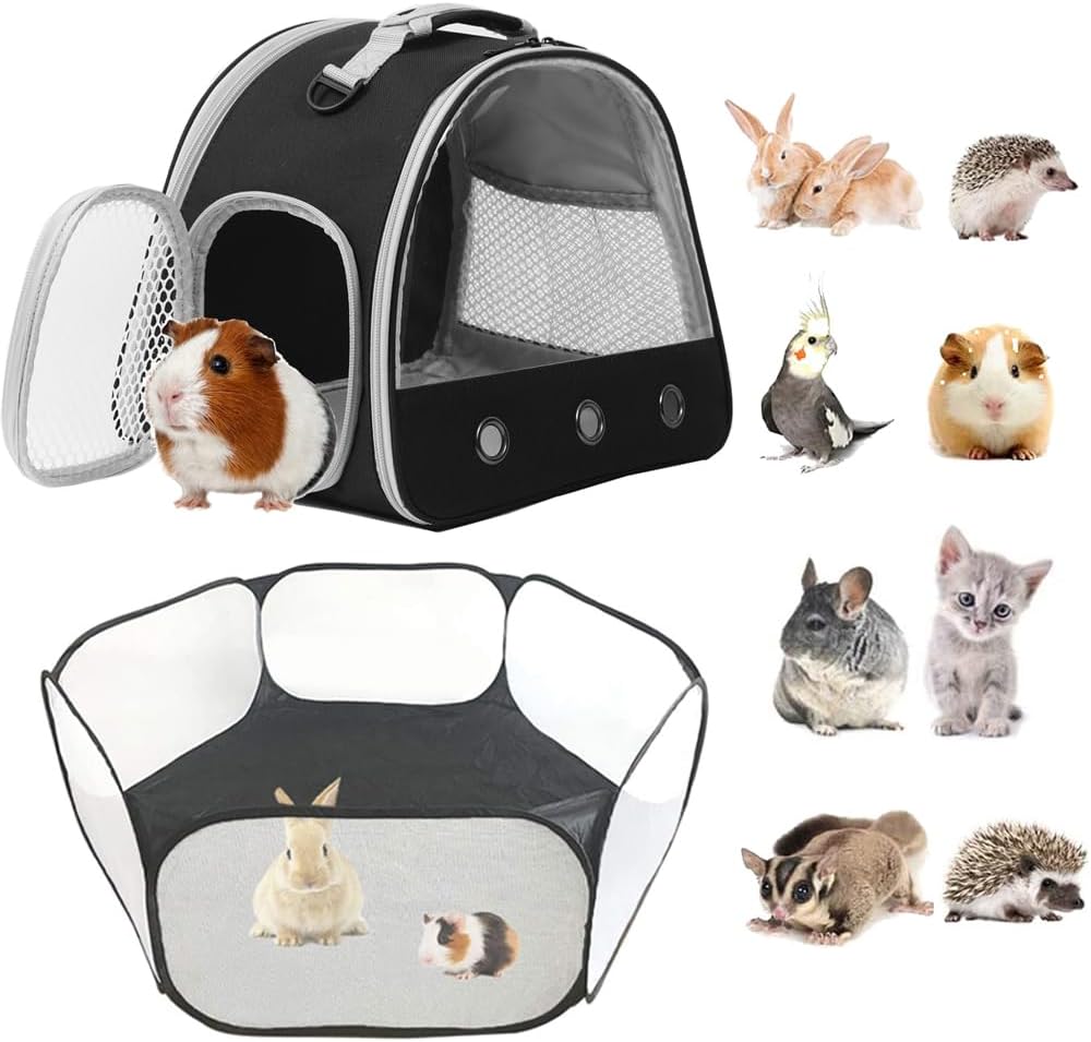 Small Animals Tent, Breathable Transparent Pet Playpen Pop Open Outdoor/Indoor Exercise Fence - Black / TPU Carrier+Playpen