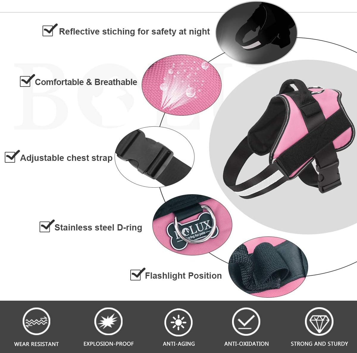 Bolux Dog Harness, No-Pull Reflective Dog Vest - Small (Pack of 1) / Pink - image 4