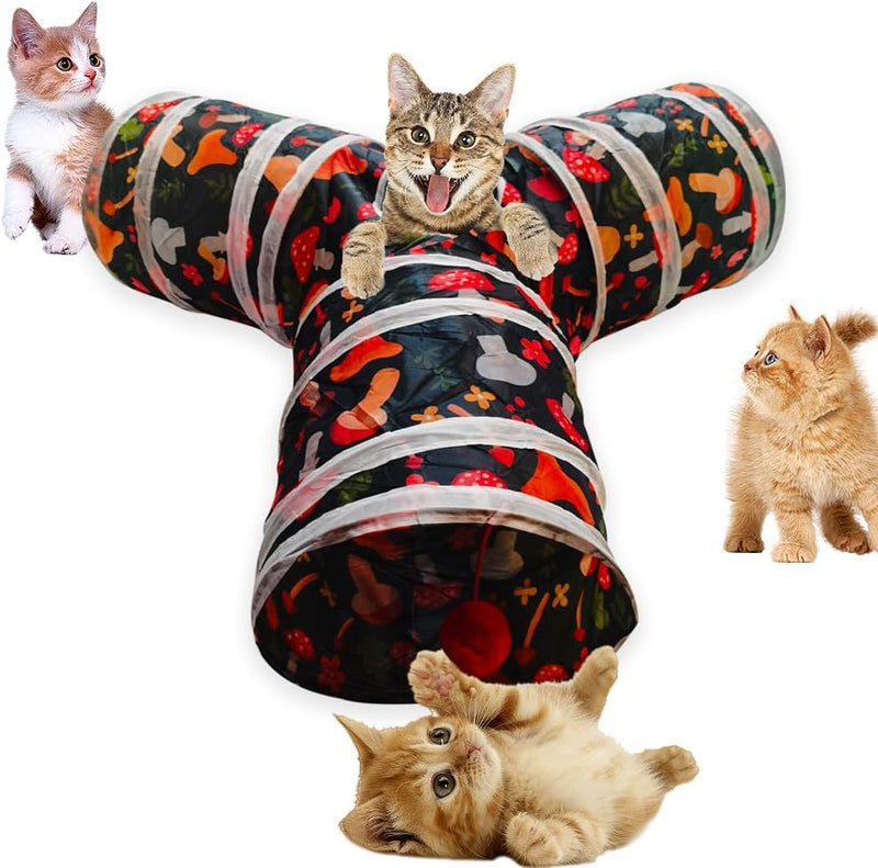 Cat Tunnel Tube Toys, 3 Ways Tunnels for Indoor Cats with Play Ball – Essentials for Cats - Mushroom