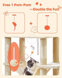 Taoqimiao Cat Tree, 66.2-Inch Cat Tower for Indoor Cats, Plush Multi-Level Cat Condo with 7 Scratching Posts, 2 Perches, 2 Caves, Hammock, 2 Pompoms, Beige MS013M