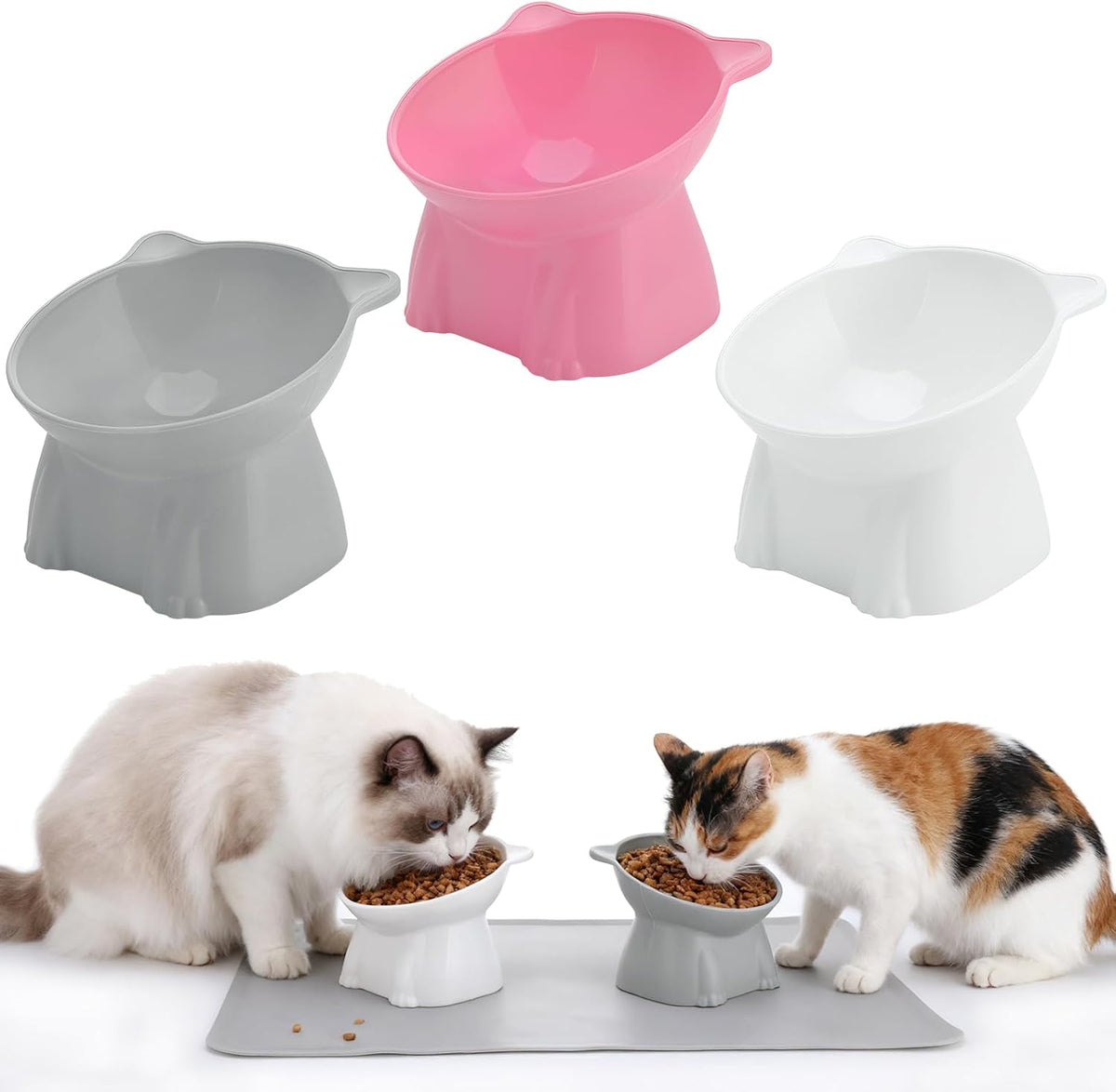 3 Pcs Raised Cat Bowl 15° Elevated Cat Food Bowl Tilted Cats Bowls - Pink, Grey, White