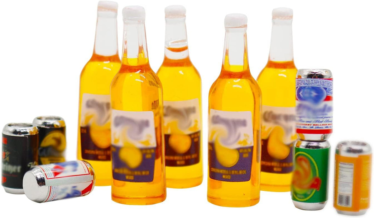 Hiawbon 11 piece miniature beer bottles and cans for 1:12 dollhouse