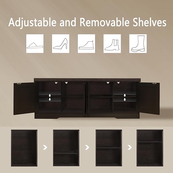 DINZI LVJ Shoe Bench, Entryway Storage Bench with Doors, Cushion, 2-Tier Shoe Rack with 8-Cubby, 47.2”L x 13.8”W Shoe Organizer Cabinet, Adjustable Shelf, Living Room, Bedroom, Espresso
