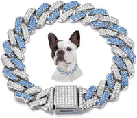 Pink Dog Necklace,Rhinestone Dog Chain Necklace Bling Diamond Cuban Link Dog chainCollars Glitter - 20 inch(Max Neck 19") / Blue
