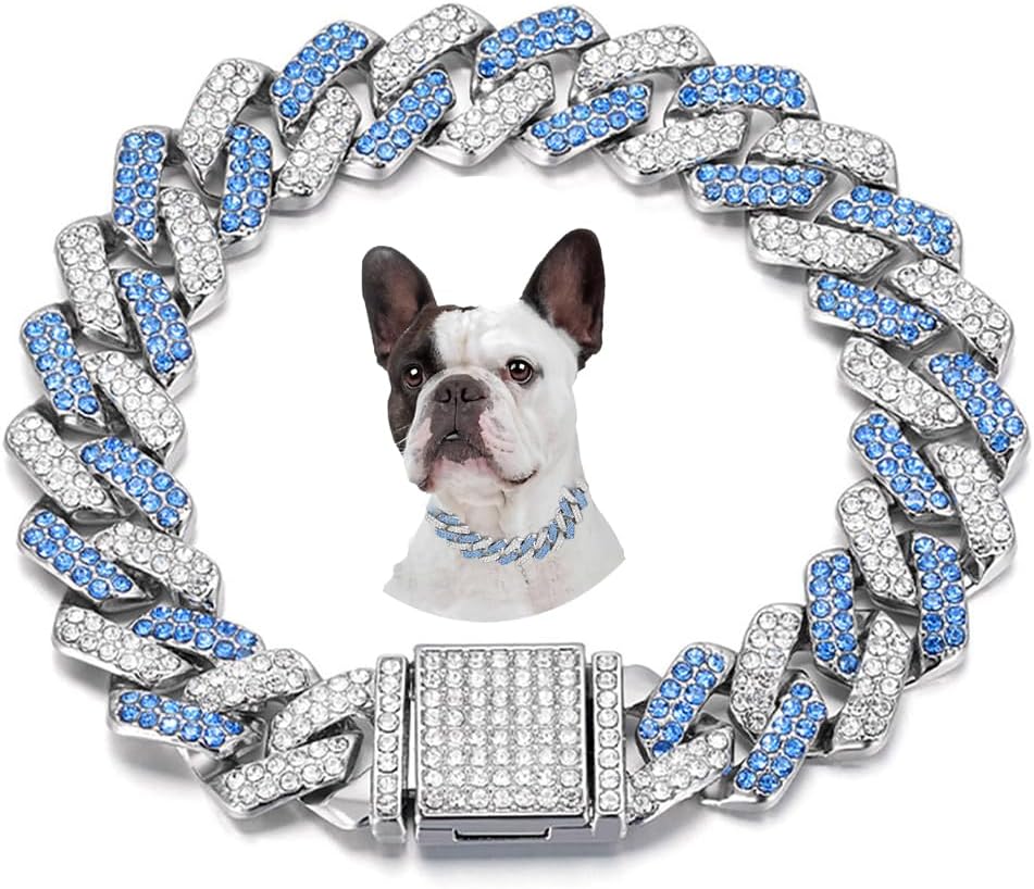 Pink Dog Necklace,Rhinestone Dog Chain Necklace Bling Diamond Cuban Link Dog chainCollars Glitter - 20 inch(Max Neck 19") / Blue