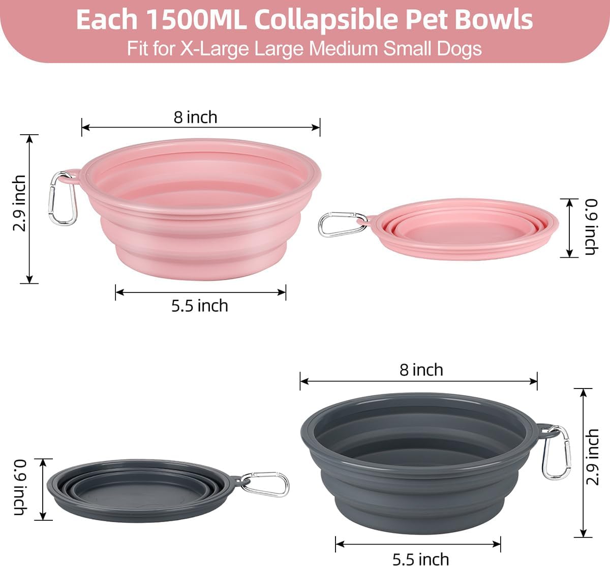 Kytely Collapsible Dog Bowls Medium - Grey & Pink / X-Large - image 3
