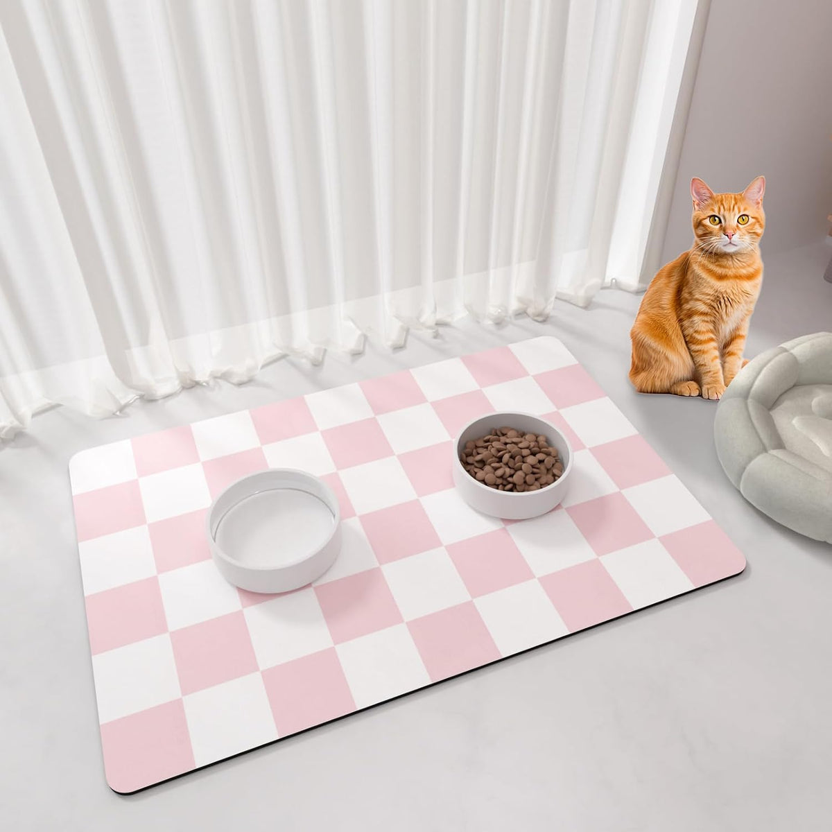 Cat Food Mat, 12"x 20" Cat Dog Mats for Food and Water Bowl - 16"L x 24"W / Pink & White