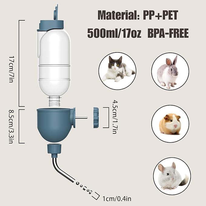 Pet Water Bottle for Cage Crate 17oz Non-Drip Water Dispenser for Small Animal Rabbit Bunny Guinea Pig Chinchilla Ferret Squirrel Hedgehog (Blue, 17oz)