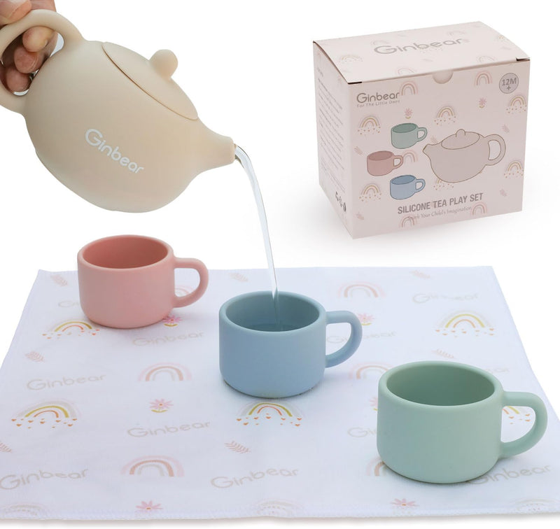 Ginbear silicone toddler tea set with teapot, three cups and cloth napkin in green
