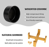 SPUNKYJUNKY 15° Slanted Ceramic Dog and Cat Bowl with Wooden Stand, Tilted Bulldog Food and Water Bowl No Slip Non-Spill for Cats Medium Dogs Big Face Pets 28.7 OZ (3.6 Cups, Black)