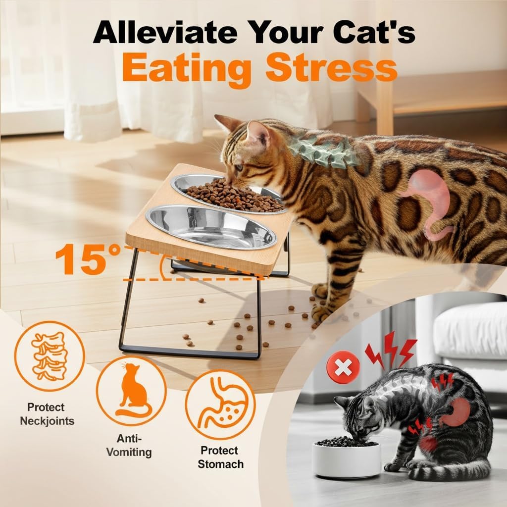 Elevated Cat Food Bowl for Indoor Cats - 2 Bowls / Wood Color - image 2