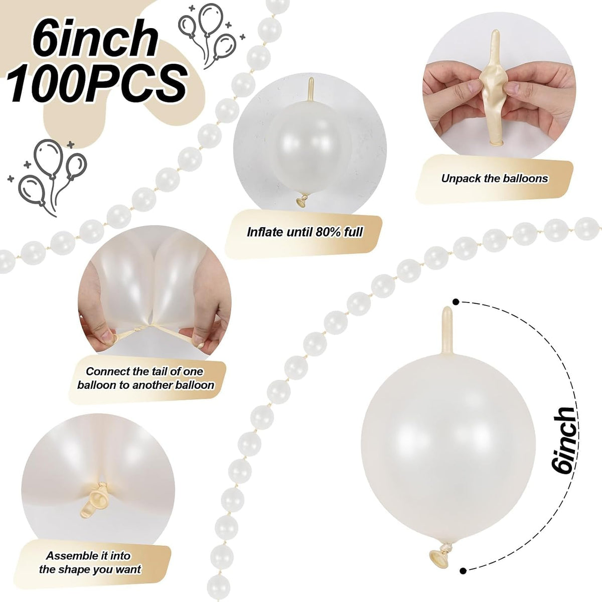Pearl White Linking Balloons for Wedding Bride Shower Mermaid Party - Pearl White / 6 inch - image 2