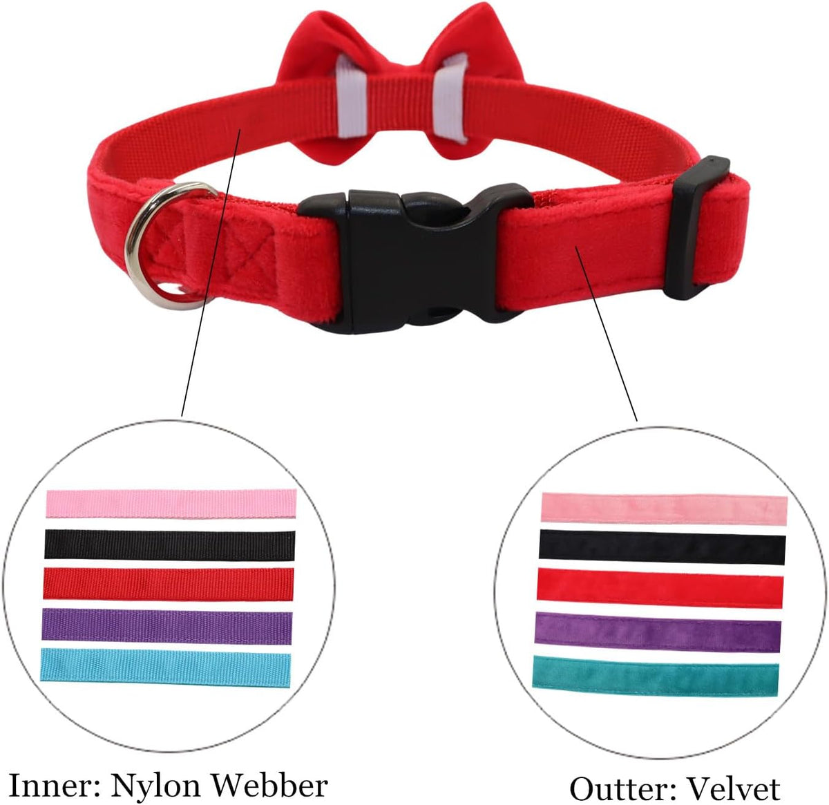 Dog Collar with Bowtie Soft Velvet Material with Quick Release Buckle - M / Red - image 2