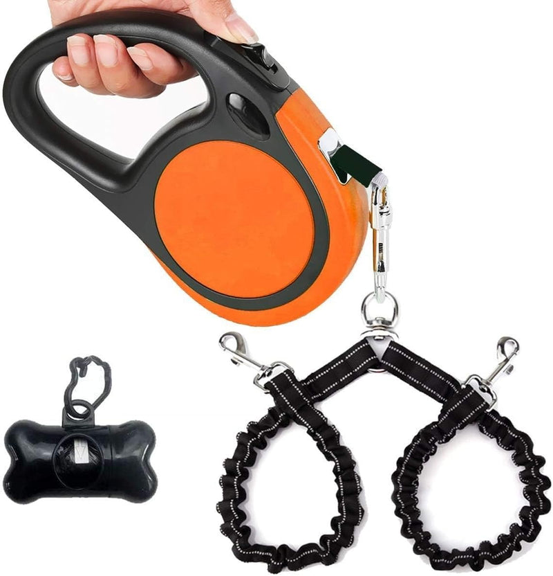 Dual Retractable Dog Leash for 2 Large Dogs, Non Slip Grip - Medium / Orange