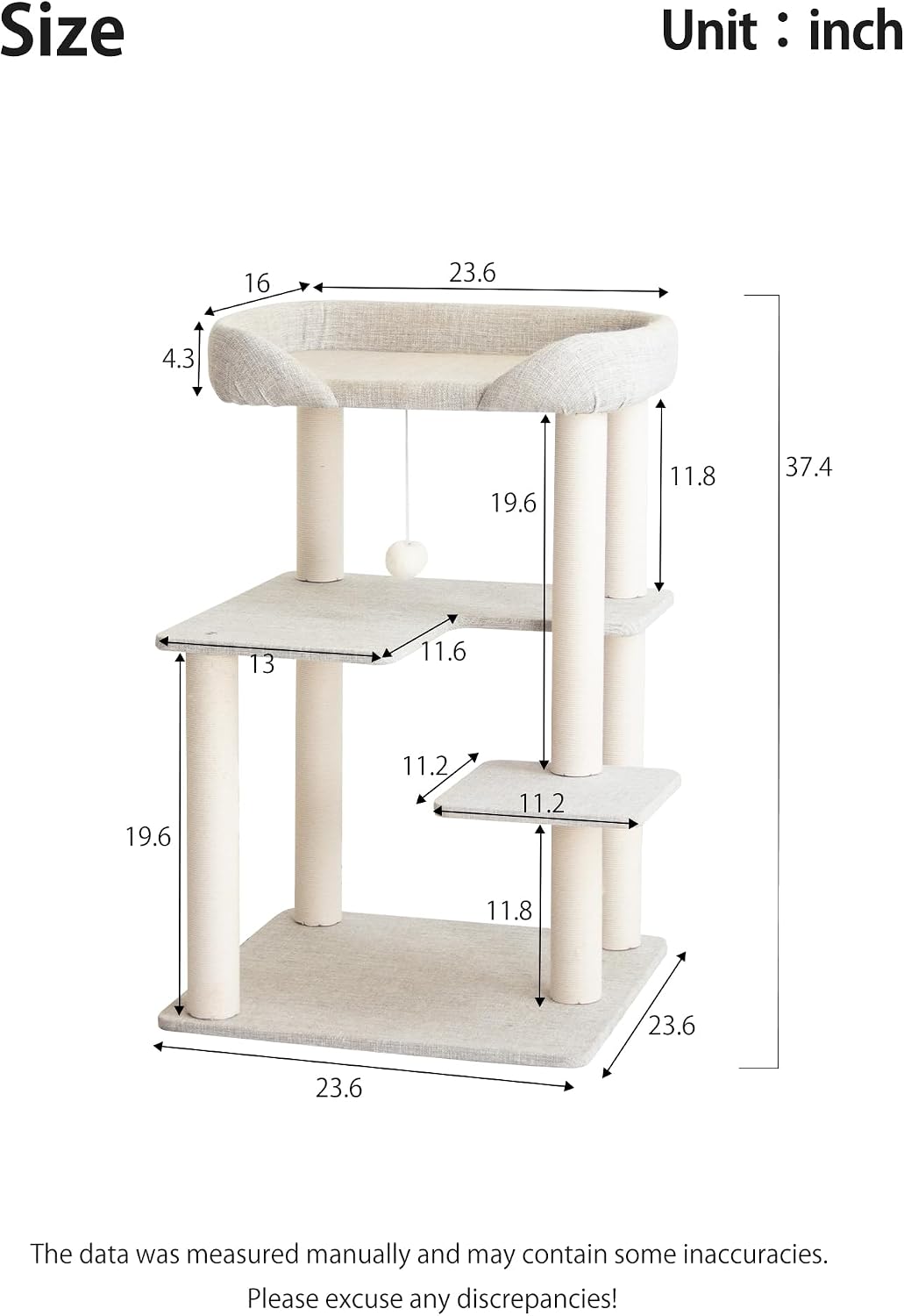 37.5" Cat Tree Tower for Large & Senior Cats, Low-Step Design – Essentials for Cats - Light Grey 37.4'' - image 2