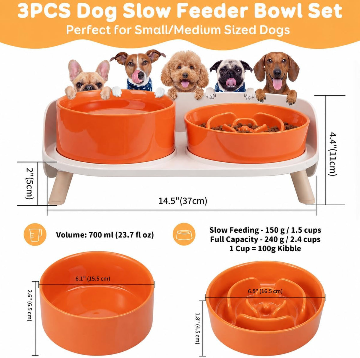 Elevated Slow Feeder Dog Bowls with Splash Proof Stand - Medium / Orange - image 4