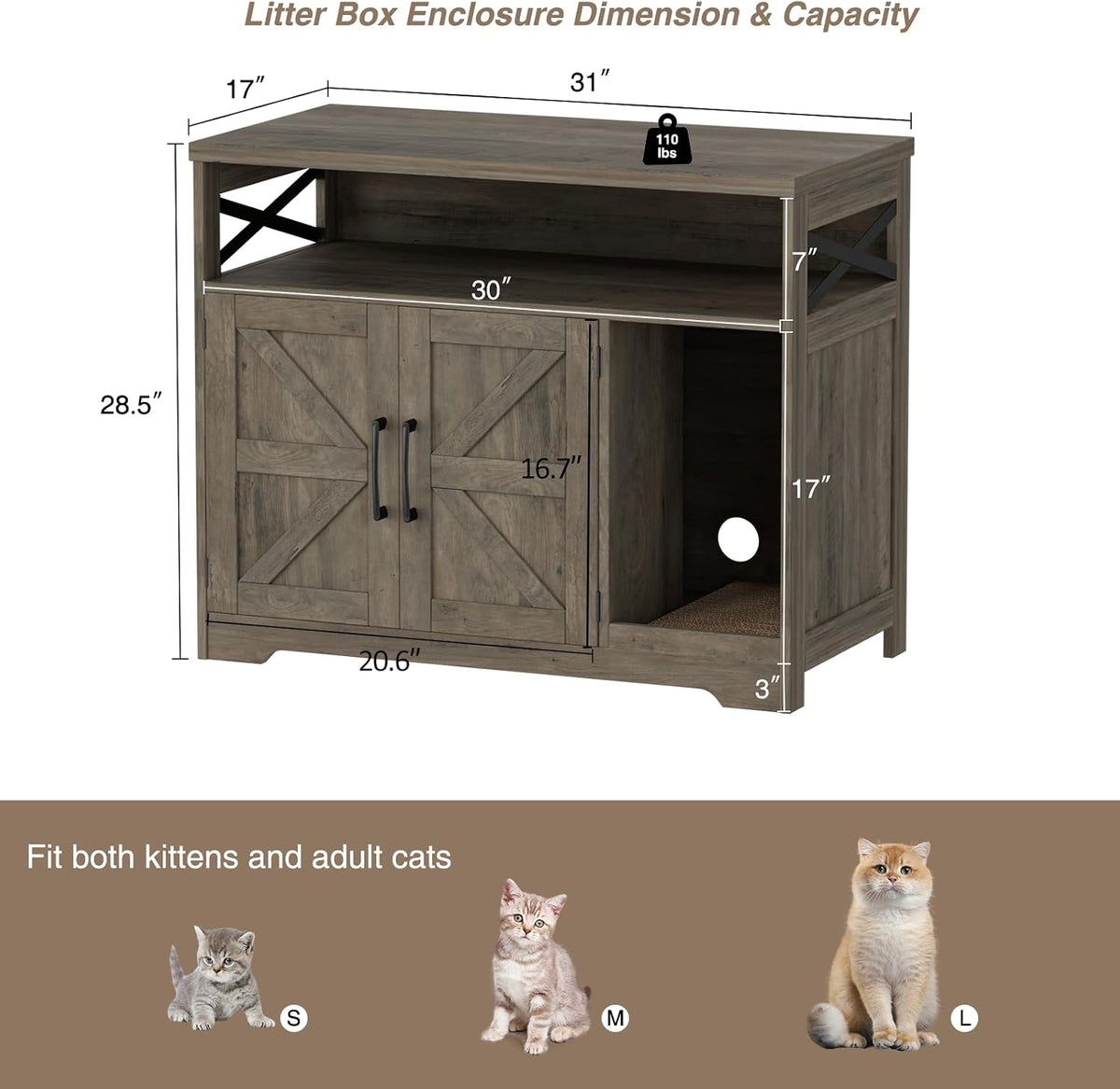 Cat Litter Box Enclosure, Hidden Litter Box with Scratch Pad – Essentials for Cats - Grey / 31"L x 17"W x 28.5"H - image 2
