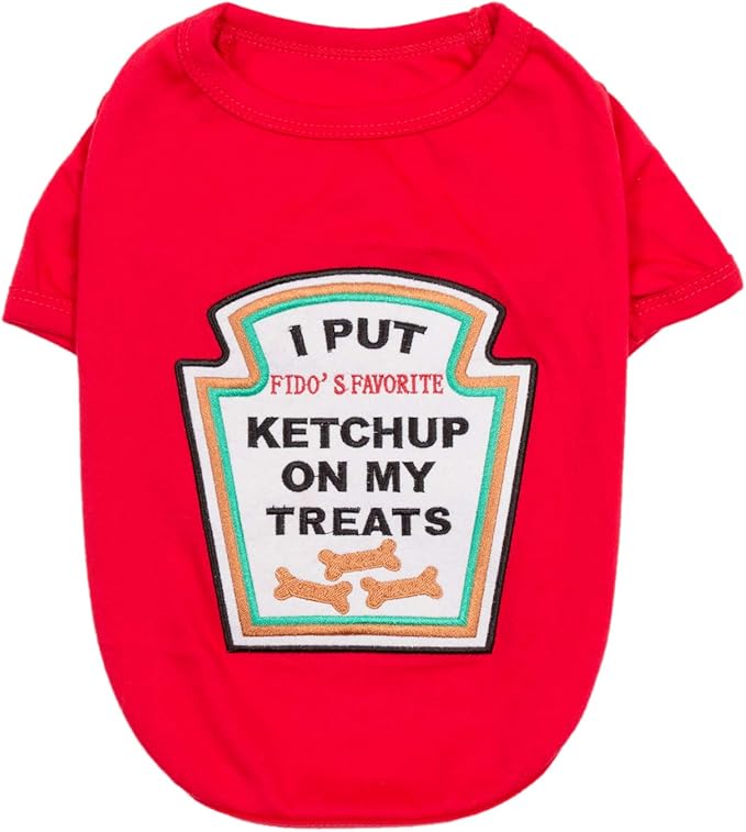 Parisian Pet Dog Shirt - Embroidered “I Put Ketchup on My Treats“ - 100% Cotton and Polyester Dog Clothes - Sleeved, Lightweight Costume for Dogs - Red Dog Shirts for Large Dogs - Pet Costumes - 3XL