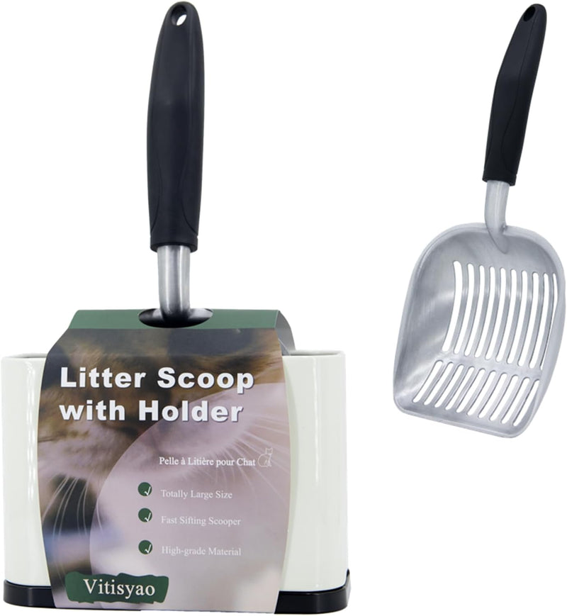 Full Metal Cat Litter Scoop with Holder - White