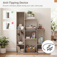 Cat Bookshelf Cabinet (Gray Oak), 8 Organized Storage Sections & Multiple Climbing Platforms