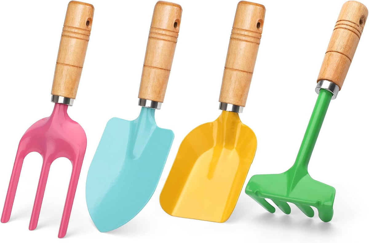 Anzmtosn kids garden tool set with rake, spade, hoe and leaf rake in a mesh bag - view 3