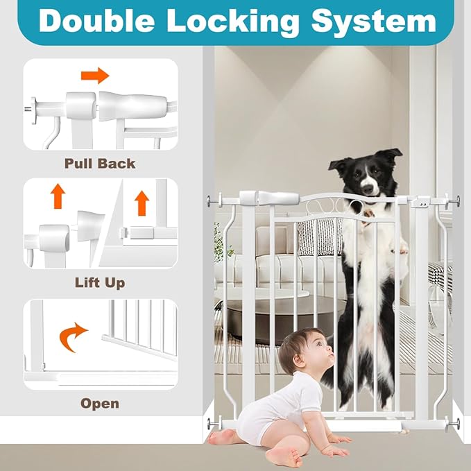 29.9-43.7 in Wide Baby Gate for Stairs Doorways, Auto Close Child Safety Gates Indoor for Dogs Pets, Pressure Mounted Metal Barrier Kids Toddler Door Walk Through, 30" Tall, White