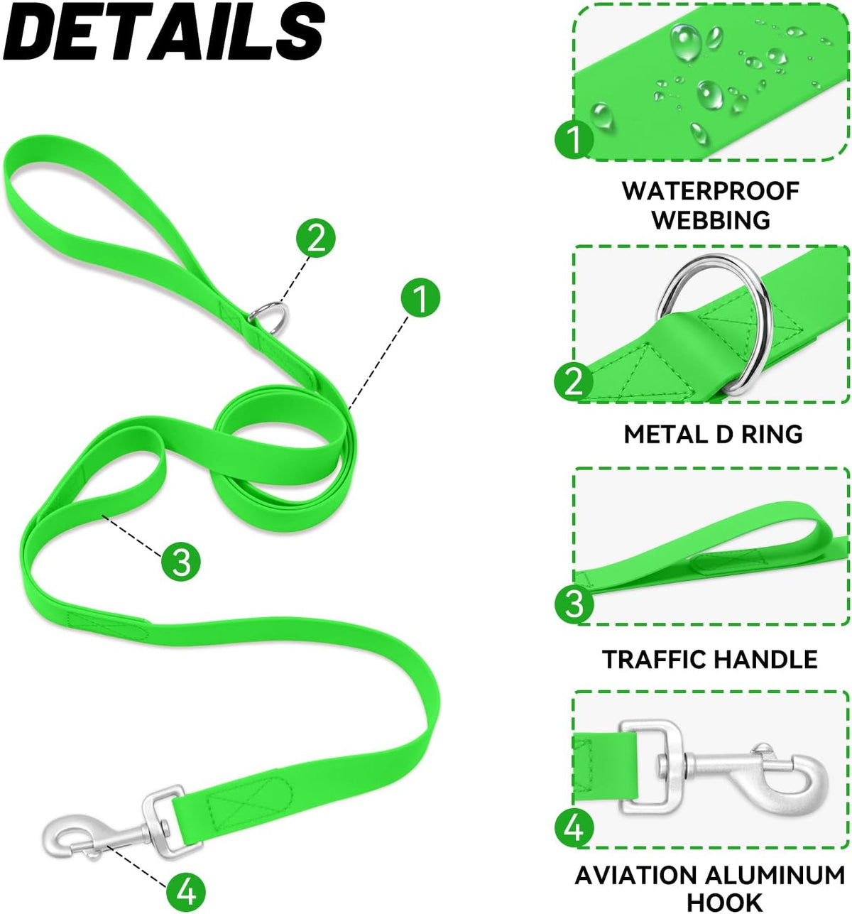 Waterproof Dog Leash, 5/6 FT Durable Odor-Proof Dog Leashes with Strong Metal Hooks Fits Small - Green / 6FT - Double Handle - image 3