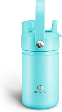 Kids Insualated Water Bottle with Straw - 12oz Stainless Steel Water Bottle with Dual Spouts, Leak-Proof, BPA-Free, Double Wall Vacuum Keeps Cold for 24 Hours for Sports, Travel (Aquamarine Blue)