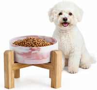 Elevated/Raised Ceramic Dog Bowl with Bamboo Stand，6 Inch 3.6 Cups - Marble Pink / Medium