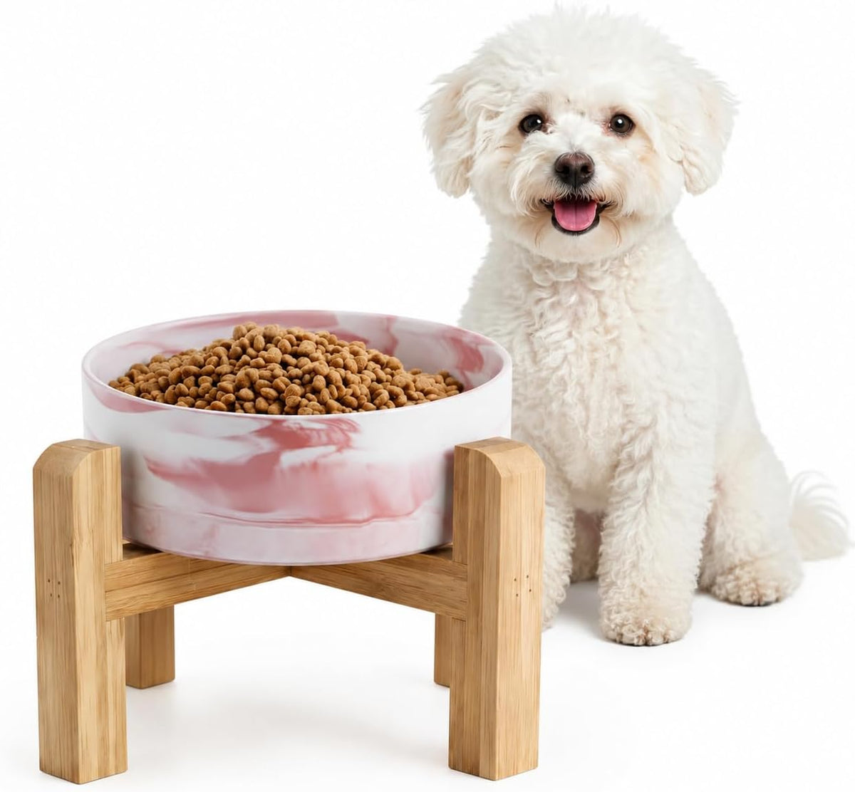 Elevated/Raised Ceramic Dog Bowl with Bamboo Stand，6 Inch 3.6 Cups - Marble Pink / Medium