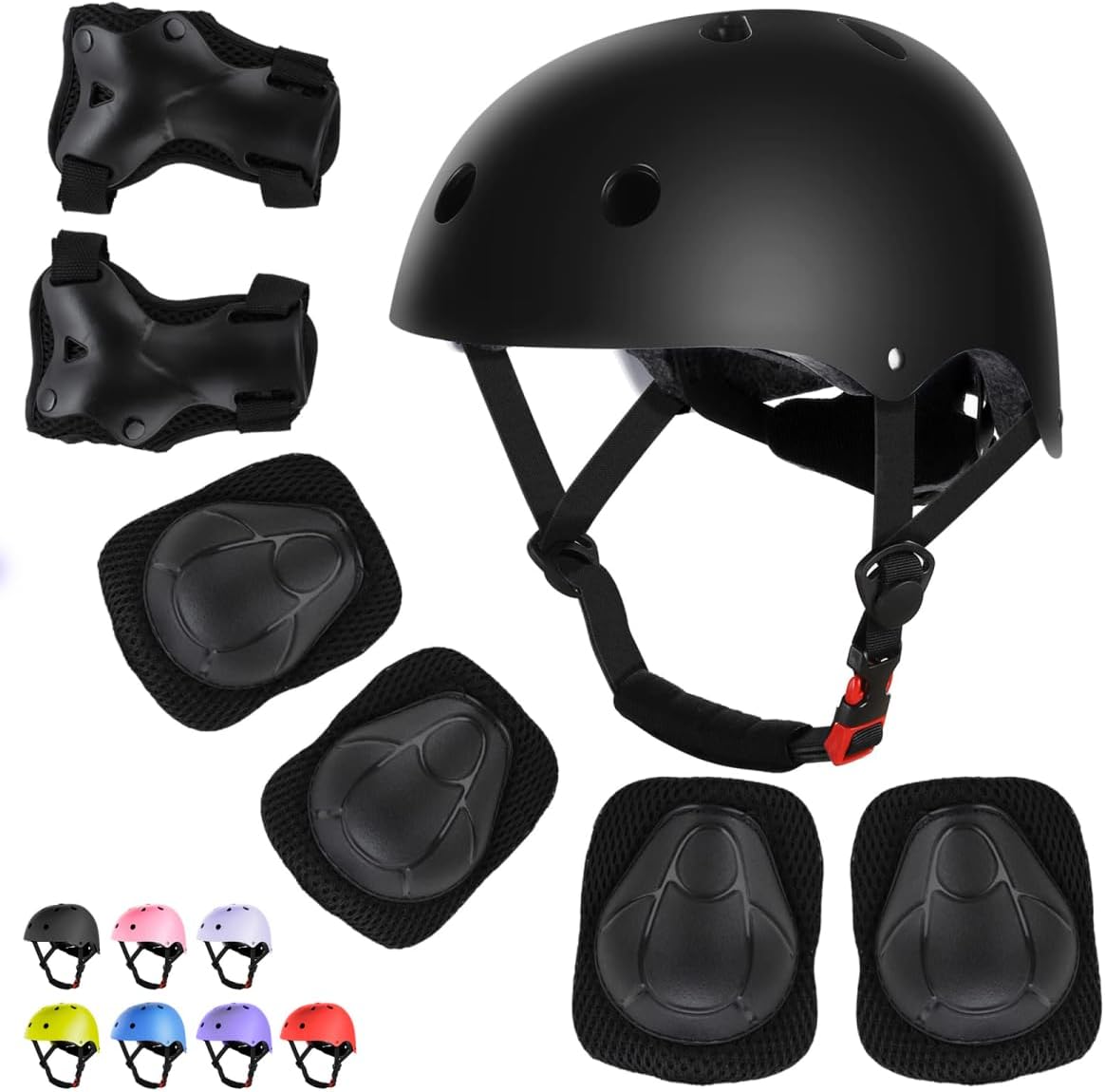 WayEee Kids Bike Helmet Set Knee Pads Adjustable Protective Gear - Black / M(7-14years)