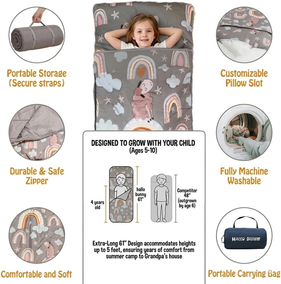 hallo bunny kids sleeping bag with attached pillow, extra-long slumber bag shown in space astronaut  - view 7