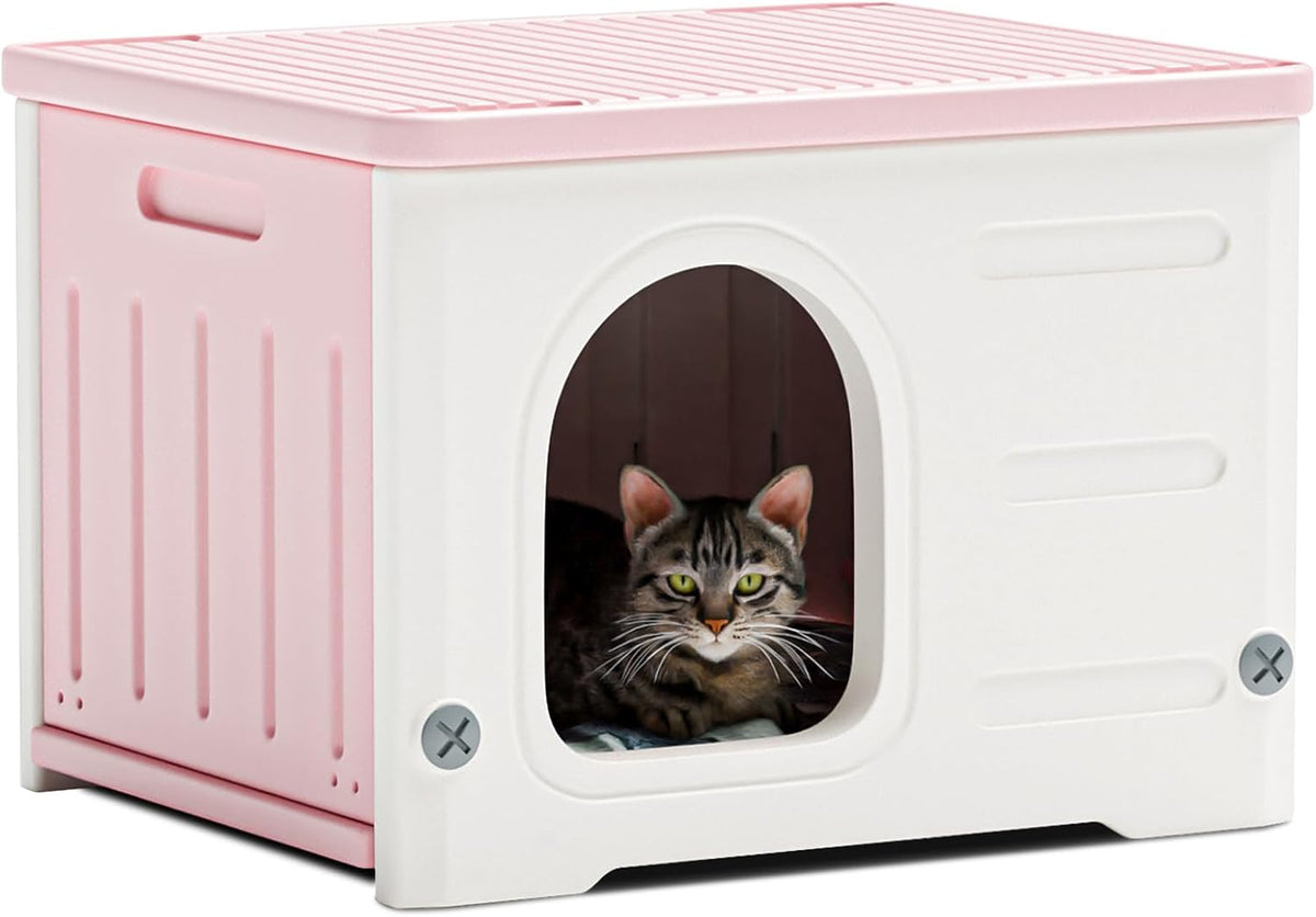 Plastic Cat House for Outdoor Indoor Use - Pink-L