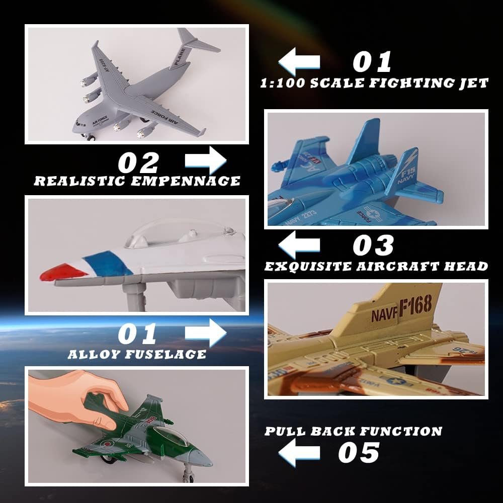 Crelloci army airplane toys set, five die cast military fighter jets and a transport plane - view 5