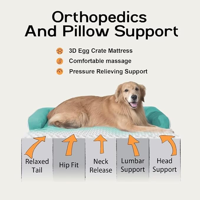 Orthopedic Large Dog Bed Washable, Orthopedic Dogs Bed with Removable Cover, XLarge XL Pet with Bolster, Washable Aqua Blue Large Dog Beds with Egg Foam for Medium Gaint Dogs