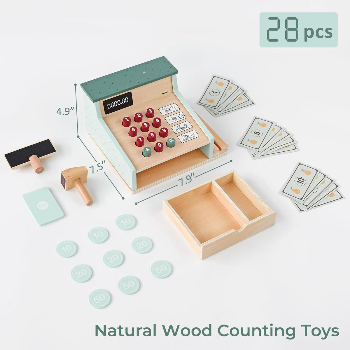 PairPear wooden cash register for kids with scanner, pull-out drawer and play money - view 4
