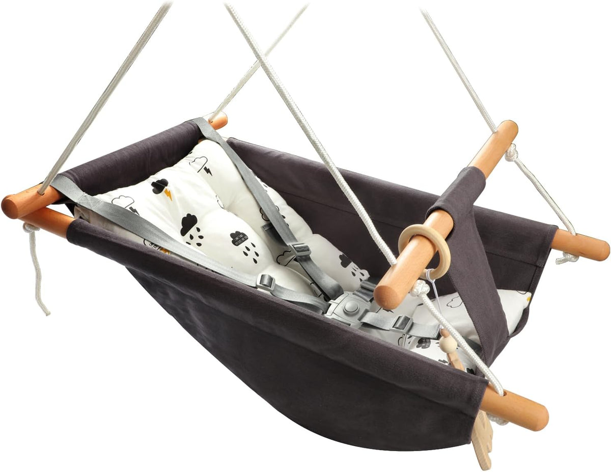 Tislly indoor outdoor baby swing in grey cotton with beech wood frame and 5-point belt - view 3