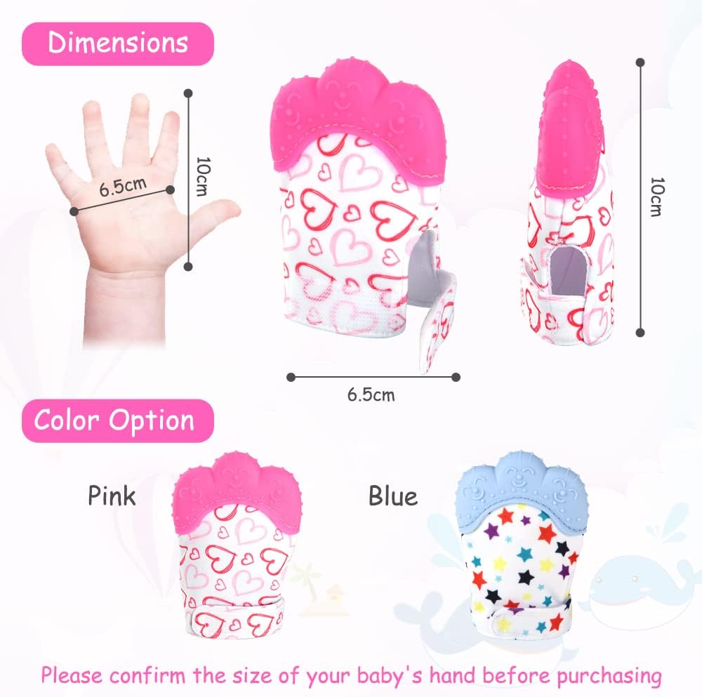 2Pack Silicone Teething Mitt - Blue Dots & Pink Hearts - image 2